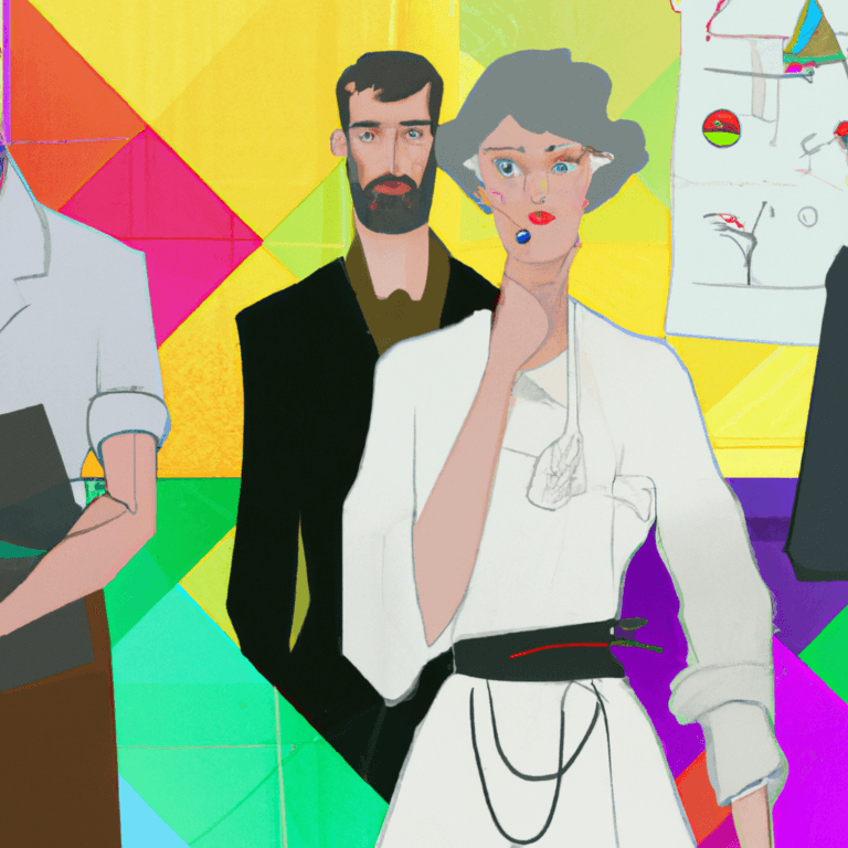 Three stylized people stand in front of a colorful geometric background; a woman in white is prominent, standing thoughtfully with her hand near her chin, while two men stand behind her, one partly out of frame.