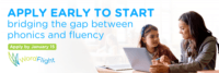 A teacher helps a young girl with schoolwork at a desk Text reads Apply early to start bridging the gap between phonics and fluency Apply by January 15 WordFlight