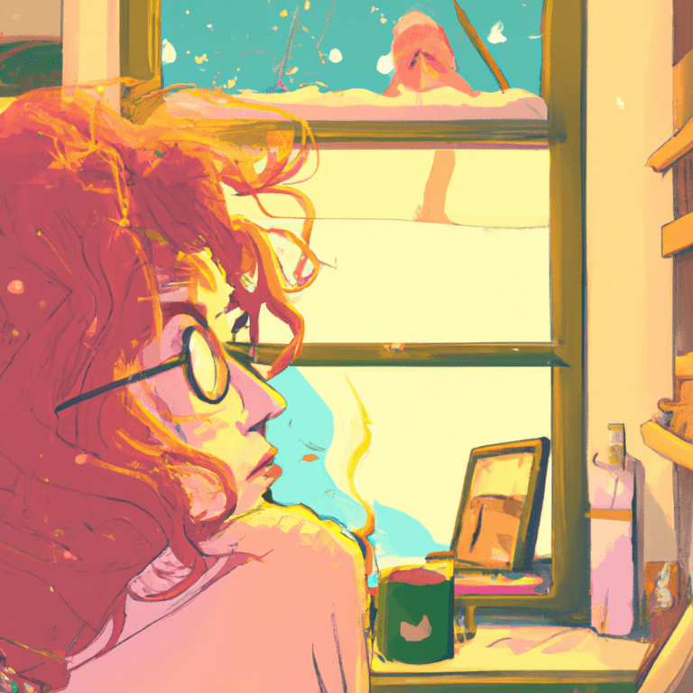 A person with curly hair and glasses looks out a window at snow. Sunlight streams inside, illuminating a mug and framed photo on a cluttered windowsill. A pink bird sits on the snowy window ledge outside.