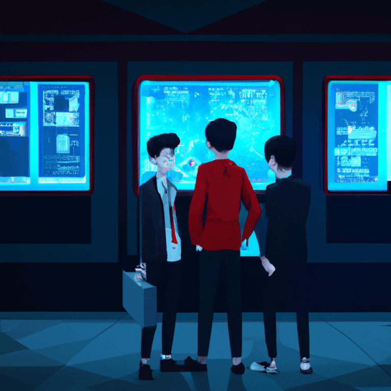 Three people stand in front of large blue digital screens displaying maps and data, appearing to discuss something. One person holds a briefcase, and the setting resembles a modern command or control center.