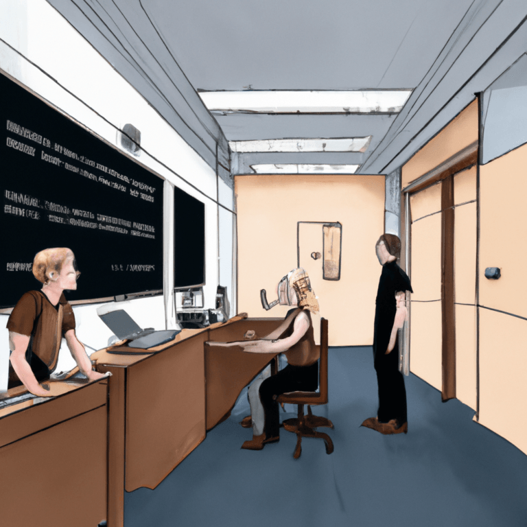 Three people are in an office. One is sitting at a desk using a computer, another stands nearby, and a third stands behind a counter with a large blackboard displaying text. The setting is modern and organized.