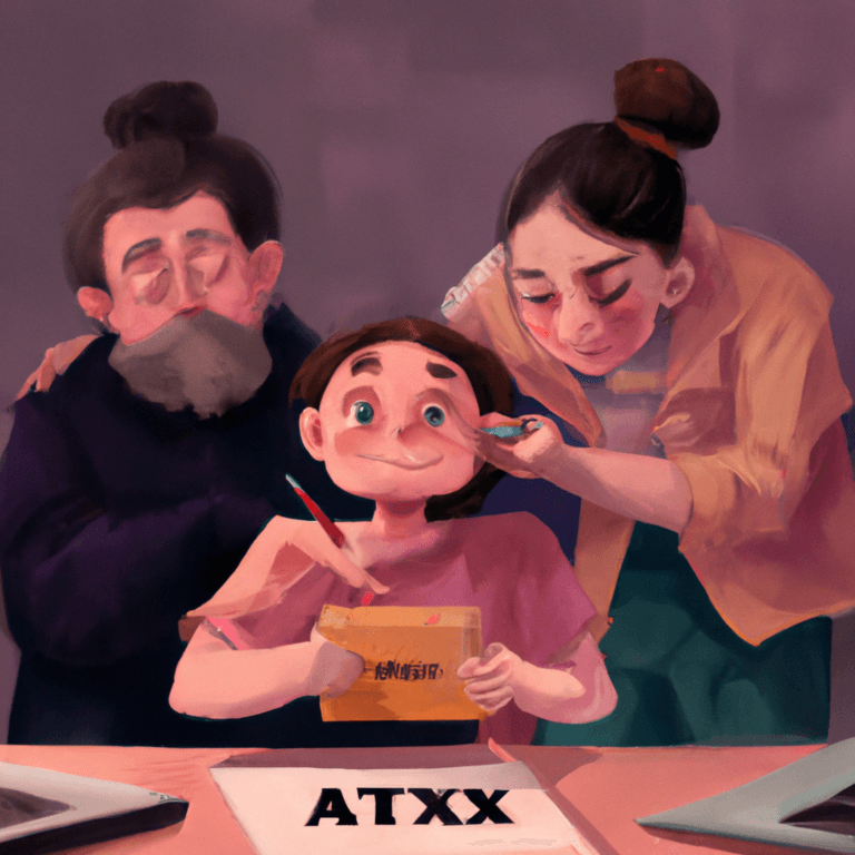 A child sits between two adults, one gently holding their chin while the other applies makeup. The child smiles, holding a yellow notepad. The adults appear focused, and the table in front has papers and a sign labeled “ATXX.”.
