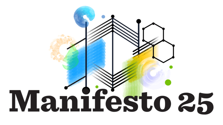 Manifesto 25 text in bold black font beneath an abstract geometric design with hexagons and lines, overlaid on colorful watercolor splashes in blue, green, yellow, and beige.