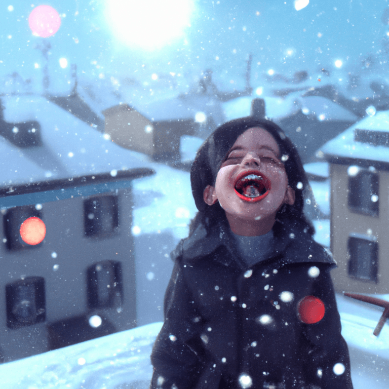 A child in a dark coat stands outside in a snowy town, head tilted back and mouth open, catching snowflakes on their tongue. Snow is falling gently, and rooftops are covered in snow beneath a bright, cloudy sky.