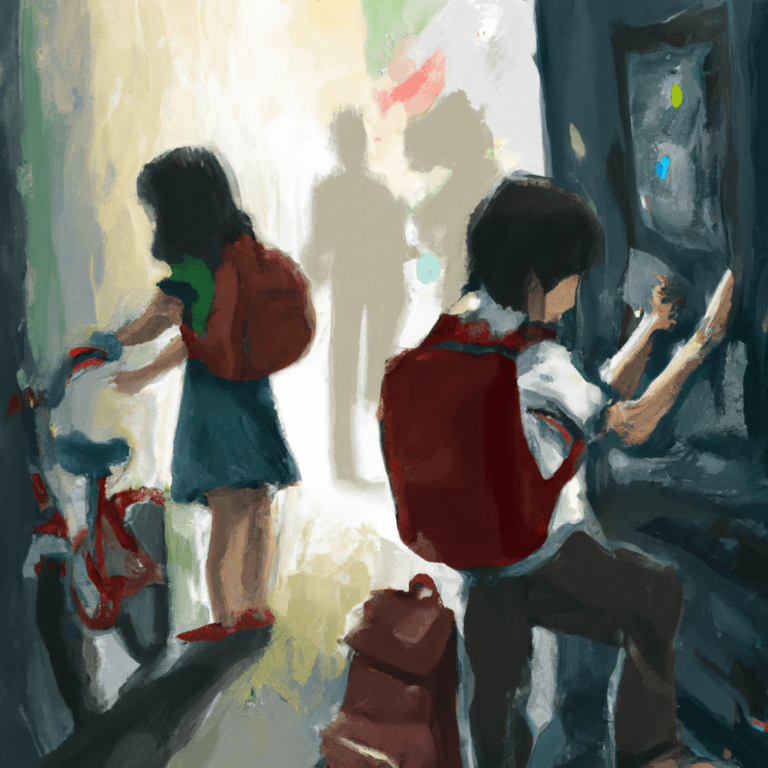 Two children with red backpacks are in a sunlit area; one adjusts a bike while the other uses a vending machine. Blurred figures are visible in the background, creating a busy, urban atmosphere.