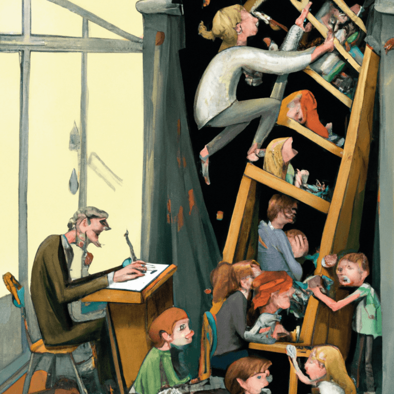 Illustration of children climbing a tilted ladder inside a crowded school building while an adult writes at a desk