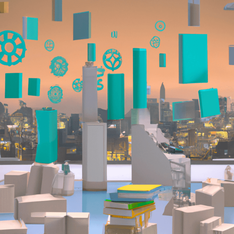 Books and geometric shapes, some turquoise and some white, float above a cityscape at sunset. The background shows silhouetted buildings, while various symbols and gears are suspended in the sky.