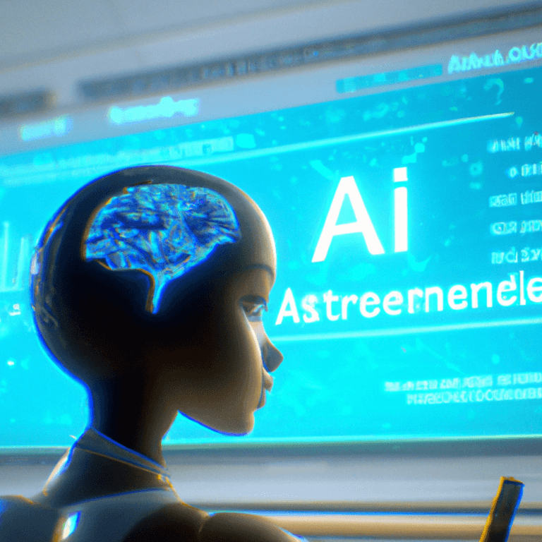 A futuristic humanoid robot with a transparent section showing a digital brain looks at a glowing blue screen displaying the words AI and other text in a high-tech environment.