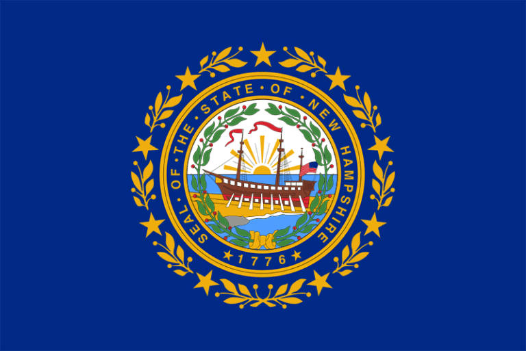 The flag of New Hampshire features the state seal in the center, depicting a ship on water, surrounded by a wreath of laurel leaves and nine stars on a blue background. The seal includes the words Seal of the State of New Hampshire 1776.