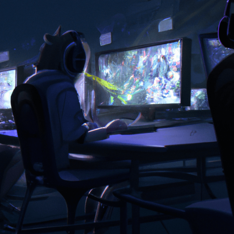 A person wearing headphones sits at a computer in a dimly lit room, playing a colorful, action-packed game on a large monitor; other gaming stations are visible nearby.