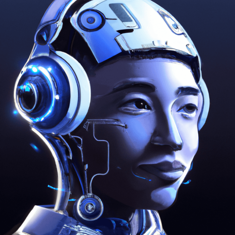 A futuristic humanoid robot with silver skin, blue glowing accents, and large round headphones, featuring a calm, expressive face and a sleek, high-tech design against a dark background.