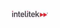 The intelitek logo in black lowercase letters with red squares above the letter i and two red right pointing triangles after the word on a white background