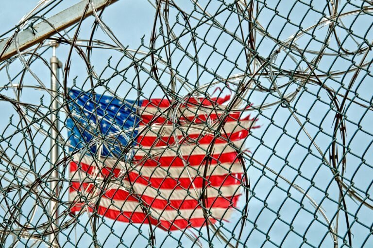 A tattered American flag is seen through a barbed wire chain-link fence, symbolizing restriction and struggle, with a pale sky in the background.