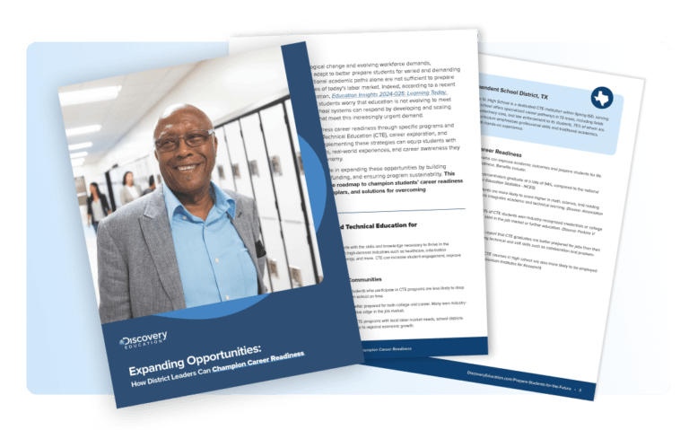 A brochure cover featuring a smiling man in a hallway, overlaid on open pages with text. The cover headline reads, Expanding Opportunities: How District Leaders Champion Career Readiness.