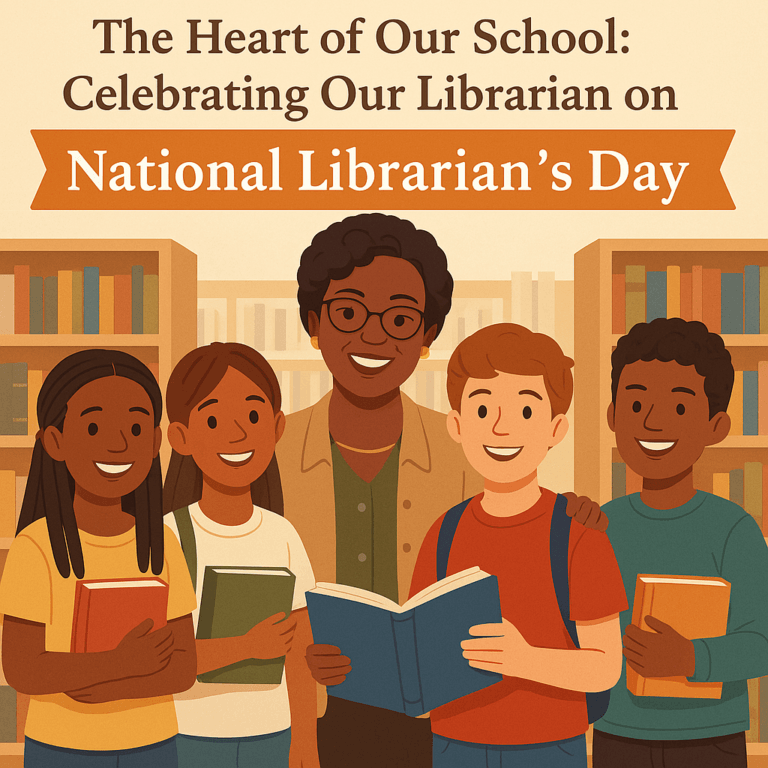 A smiling librarian stands with four diverse children holding books in a library, under a banner reading The Heart of Our School: Celebrating Our Librarian on National Librarian’s Day.