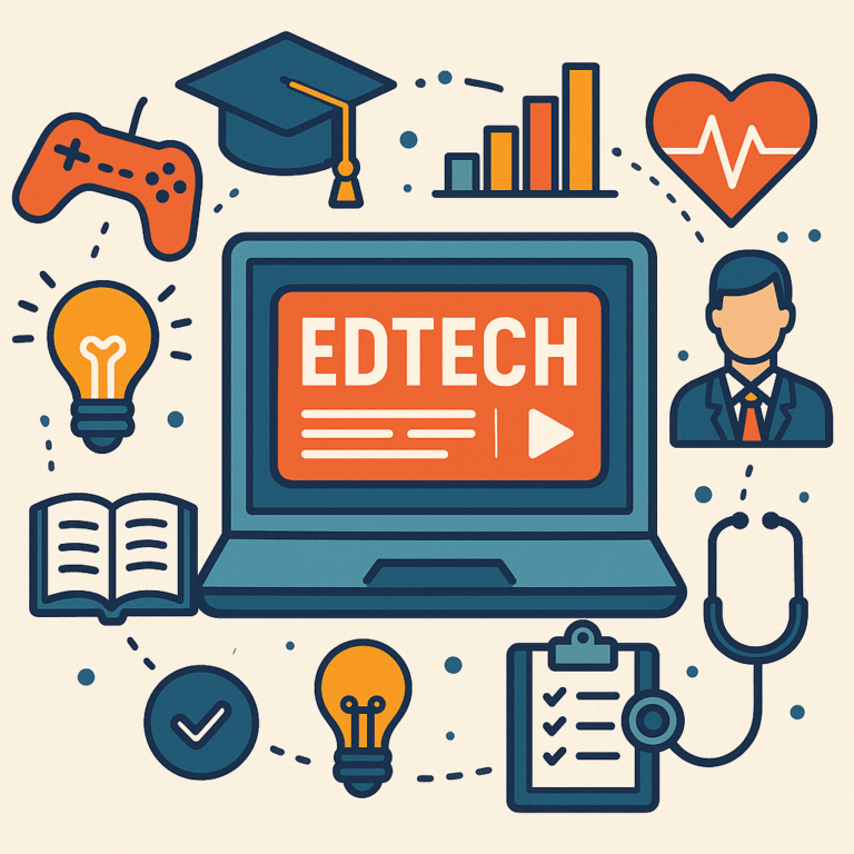 Illustration of a laptop displaying “EDTECH,” surrounded by icons including a graduation cap, game controller, heart, businessperson, stethoscope, checklist, light bulbs, a book, bar chart, and checkmark.