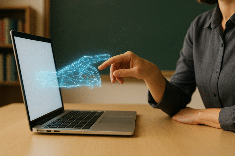 A person’s hand reaches toward a glowing digital hand emerging from a laptop screen, symbolizing interaction between humans and artificial intelligence.