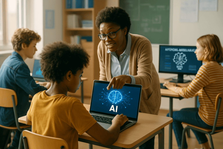 A teacher leans over to help a student using a laptop displaying an AI graphic. Other students work at computers in a classroom, with educational materials and a chalkboard in the background.