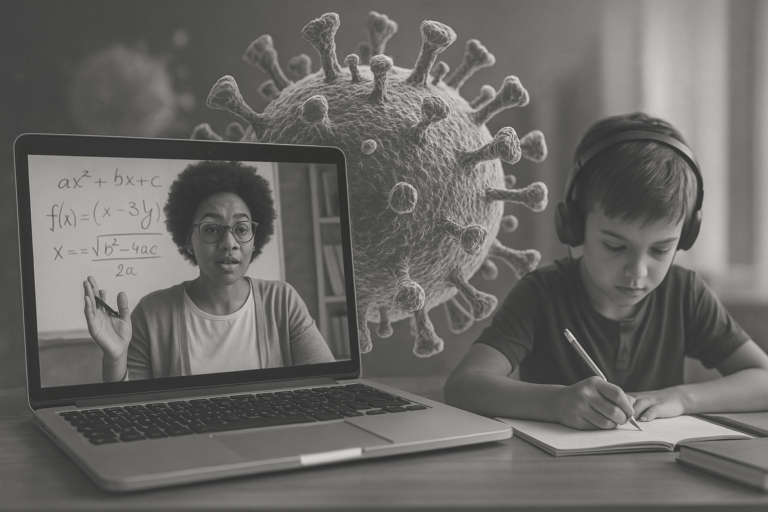 A boy wearing headphones writes in a notebook while watching a female teacher on a laptop screen, with a large image of a coronavirus in the background, symbolizing remote learning during the pandemic.