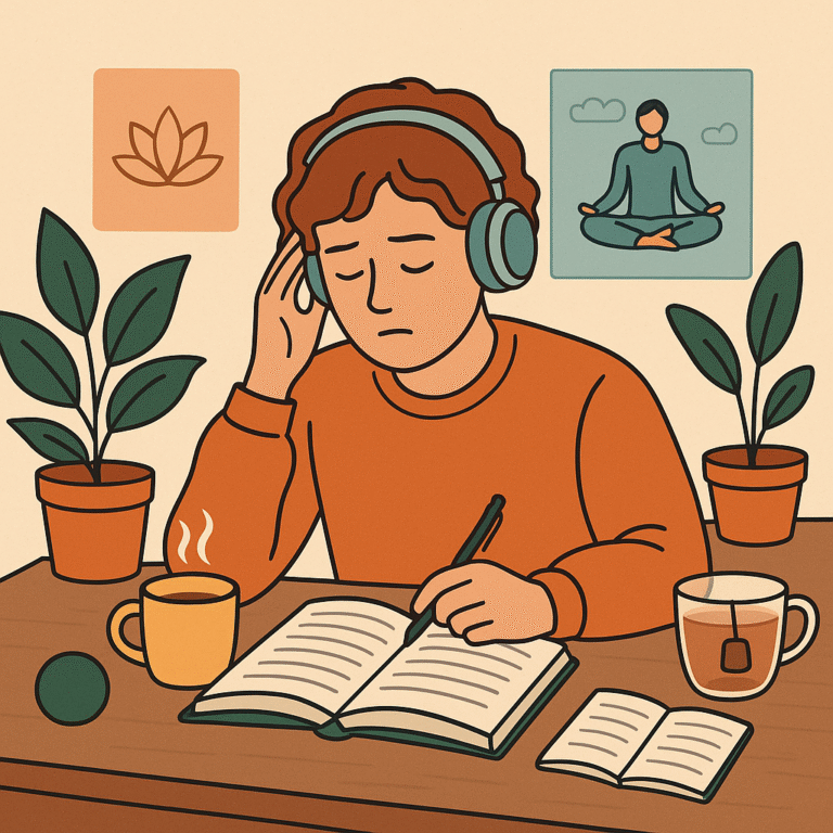 A person wearing headphones sits at a desk, writing in an open notebook. They appear focused, surrounded by potted plants, a teacup, a mug, and two posters with meditation themes on the wall behind them.