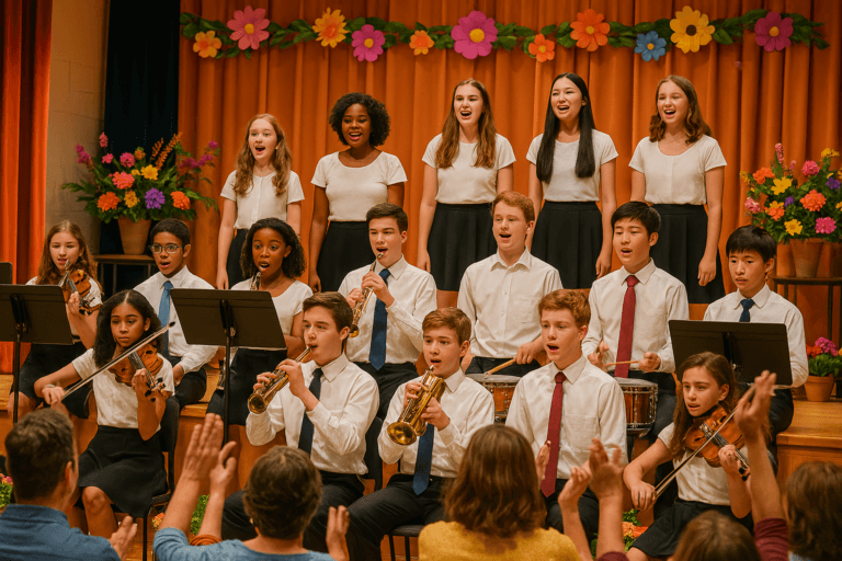 A group of students perform on stage; some are singing, while others play musical instruments like violins and trumpets. The stage has orange curtains and colorful flower decorations. Audience members clap in the foreground.