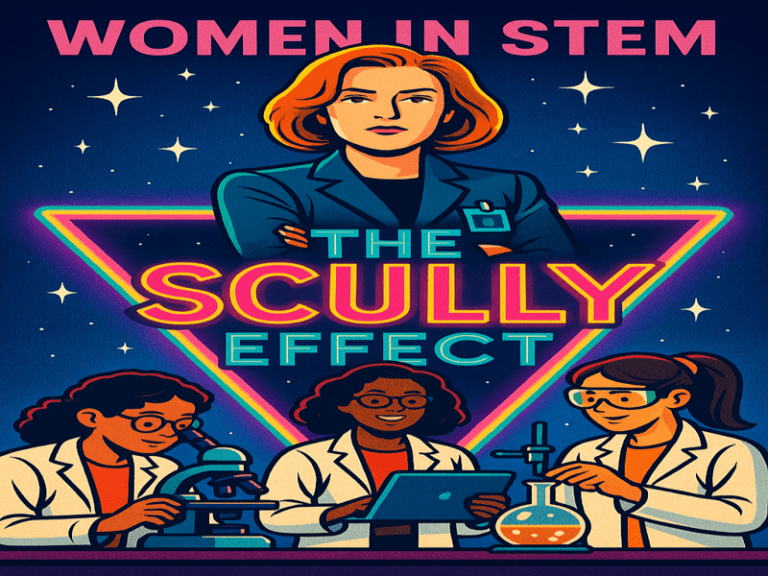 Illustration of a confident woman in a blazer above three women scientists working with lab equipment