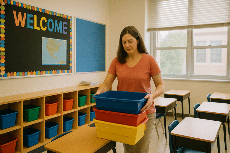 A woman places colorful plastic bins on a desk in a classroom with cubbies and a Welcome bulletin board. Sunlight streams through the windows, and student desks are neatly arranged.