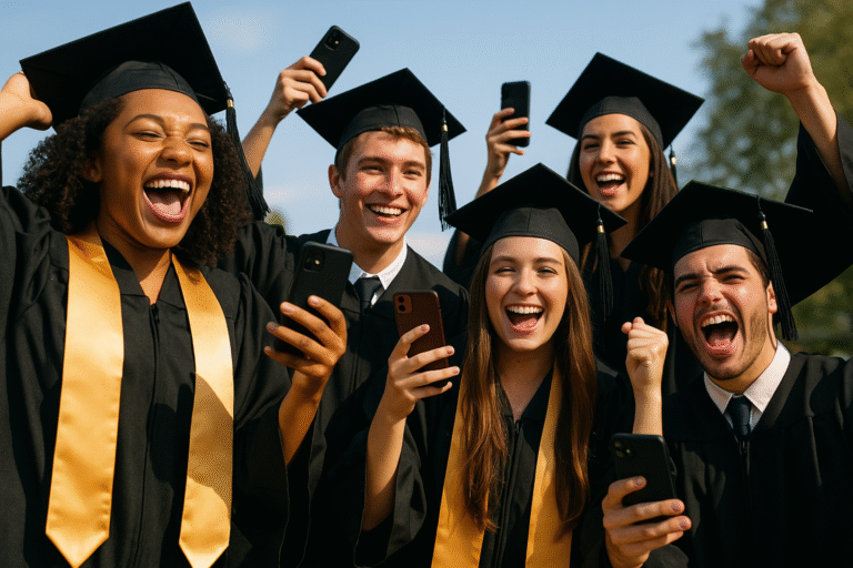 Five diverse graduates in caps and gowns celebrate outdoors smiling and cheering while holding smartphones with blue sky and sunlight in the background