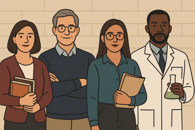 Four educators side by side: two women with books and folders, a man with arms crossed, a man in a lab coat with a flask