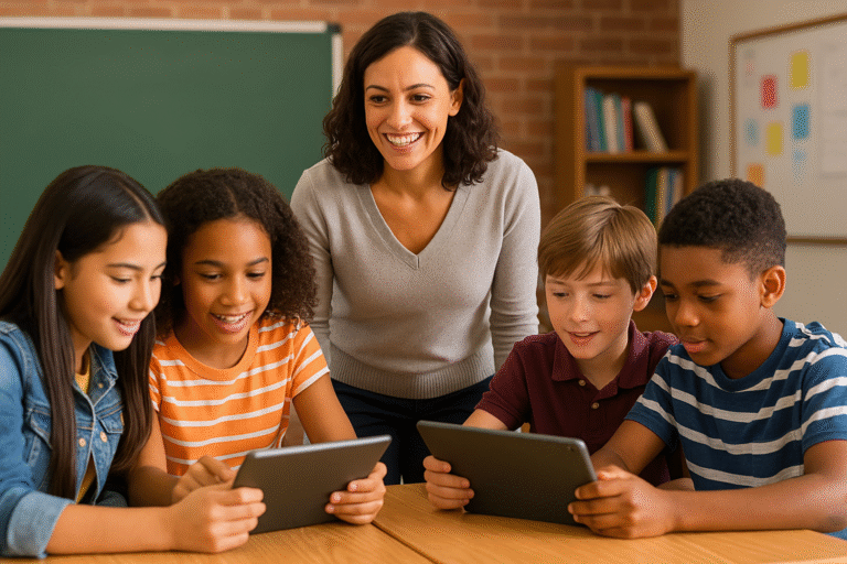 A smiling teacher stands behind four children at a classroom table, each using a tablet