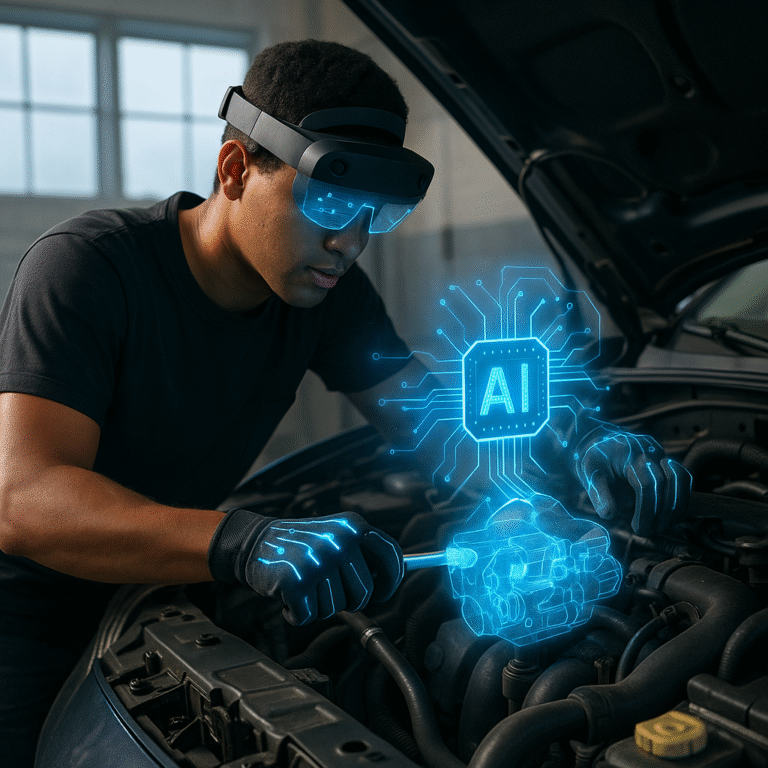 A man in augmented reality glasses and gloves works under a car hood with holographic AI and engine graphics in blue light
