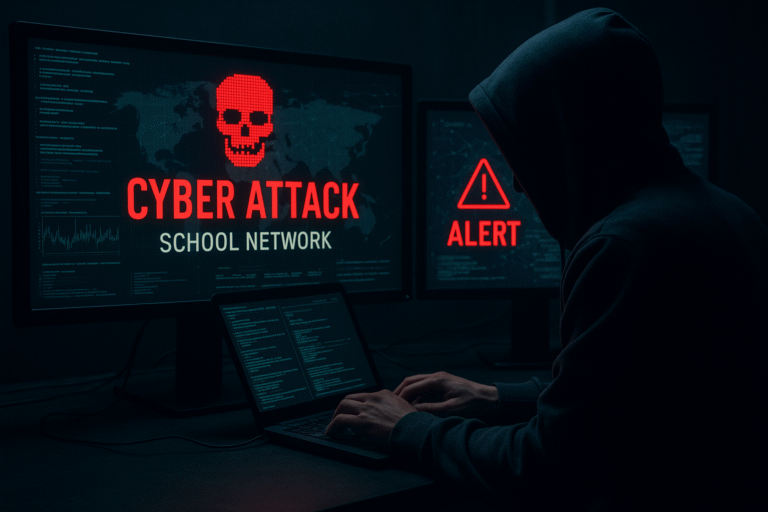 A person in a hoodie uses a laptop in a dark room, with monitors displaying warnings: one reads “CYBER ATTACK SCHOOL NETWORK” with a skull, and another shows an “ALERT” sign, indicating a security breach.