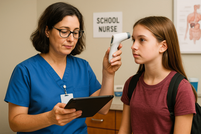 A school nurse in blue scrubs uses a digital thermometer to check a girls temperature, while holding a tablet. The girl, wearing a backpack, stands still. A sign reading School Nurse is visible in the background.