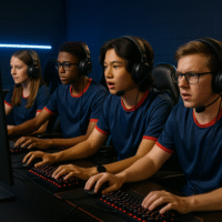 Four focused teenagers in matching navy and red shirts play a video game together at a row of computers wearing headsets and using keyboards in a dimly lit gaming room
