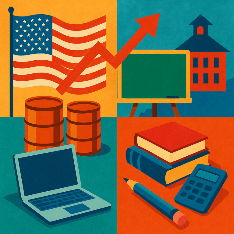 Illustration divided into four sections showing an American flag with an upward arrow, a school building with a chalkboard, oil barrels, and a laptop next to books, a pencil, and a calculator.