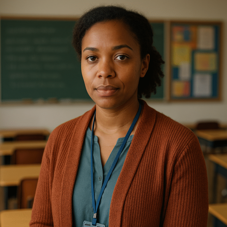 A woman wearing a brown cardigan and blue lanyard stands in a classroom with desks, a chalkboard, and colorful bulletin boards in the background. She has a calm, serious expression.