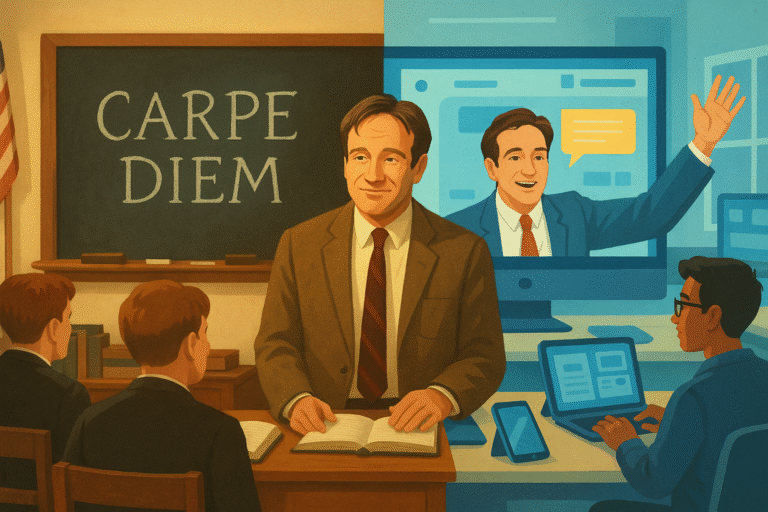 An illustration shows a teacher standing in front of a chalkboard with Carpe Diem written on it, teaching students. On the right, he appears on a computer screen, teaching students using technology and digital devices.