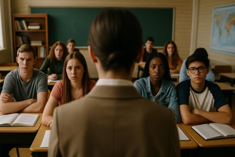 A teacher stands at the front of a classroom facing a group of attentive high school students sitting at desks with open books with a chalkboard and a world map in the background | edCircuit A teacher at the front of a classroom facing high school students at desks with open books a chalkboard and map behind