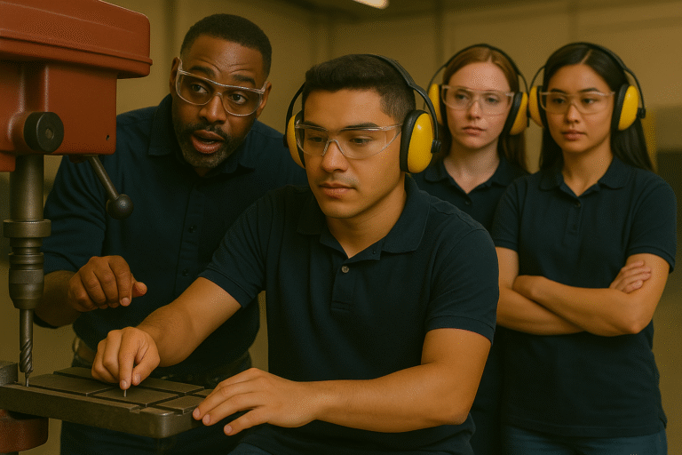 A man instructs a young person using a drill press while two others watch. All four wear safety glasses, ear protection, and navy shirts in an industrial workshop setting.