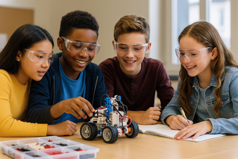 Four children wearing safety glasses are gathered around a table, smiling as they work together on building and programming a small wheeled robot. One child writes in a notebook, while the others adjust parts on the robot.