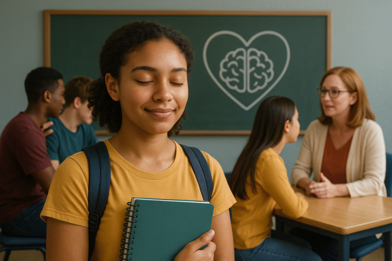 A smiling student holds a notebook with eyes closed in a classroom. In the background, other students talk near a teacher, and a chalkboard shows a heart and brain drawing.