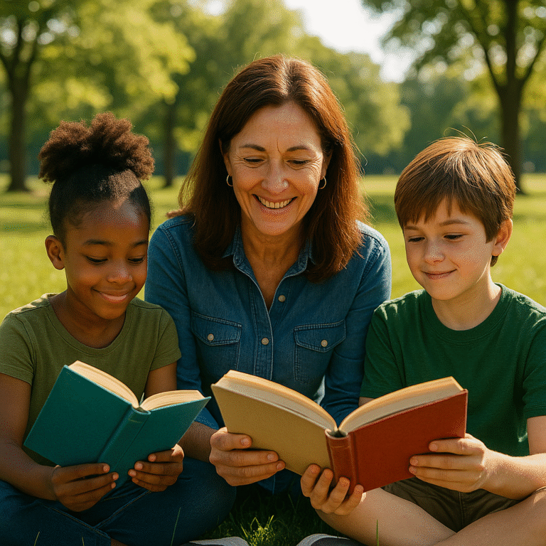 A woman and two children sit on grass in a sunny park, smiling and reading books together. Trees and greenery are visible in the background.