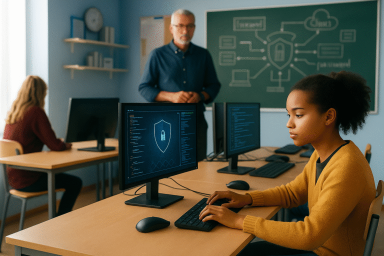 A student sits at a computer with a cybersecurity lock icon on the screen in a classroom. A teacher and another student are in the background, and a diagram is drawn on the chalkboard.