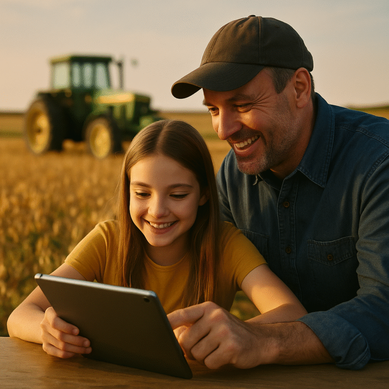 A man and a young girl smile while looking at a tablet together outdoors in a field, with a green tractor and golden crops visible in the background during sunset.