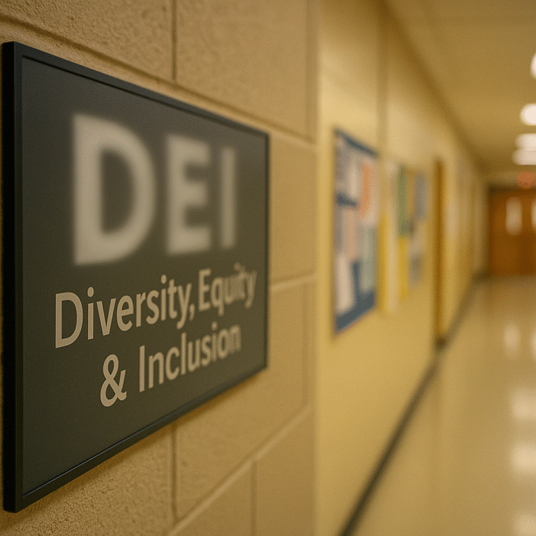 A wall sign in a hallway reads DEI Diversity, Equity & Inclusion. The hallway has beige walls, a bulletin board with papers, and a door at the far end. The focus is on the DEI sign.