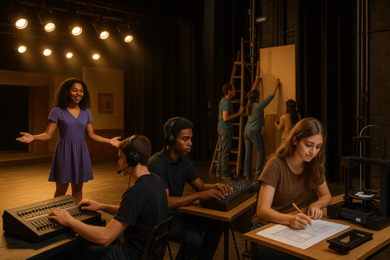 A young woman in a purple dress rehearses on stage while backstage crew work with lights, sound, and set design; two people operate control boards and a girl sketches at a desk in the foreground.