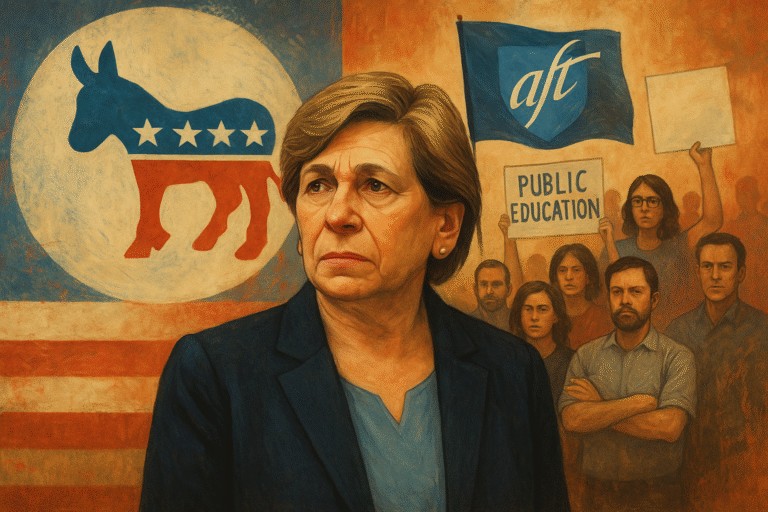 A serious woman stands in front of a Democratic donkey symbol and an American flag. Behind her, protesters hold an AFT flag and signs supporting public education. The scene suggests a focus on political and educational advocacy.
