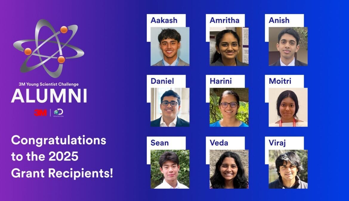 A digital poster for the 3M Young Scientist Challenge Alumni Grant Recipients shows eight headshots labeled Aakash, Amritha, Anish, Daniel, Harini, Moitri, Sean, Veda, and Viraj on a purple background with congratulatory text.