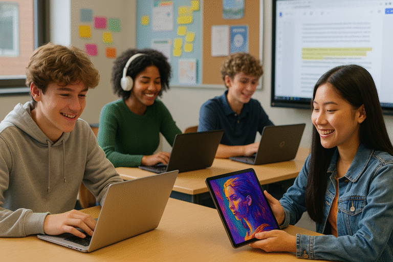 Four students sit at a classroom table with laptops. One student smiles while holding up a tablet displaying colorful digital art of a womans face. The others work on their laptops, and the atmosphere is lively and collaborative.