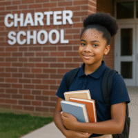 Smiling girl holding books stands in front of a brick building with a sign that reads Charter School She is wearing a navy blue polo shirt and a backpack